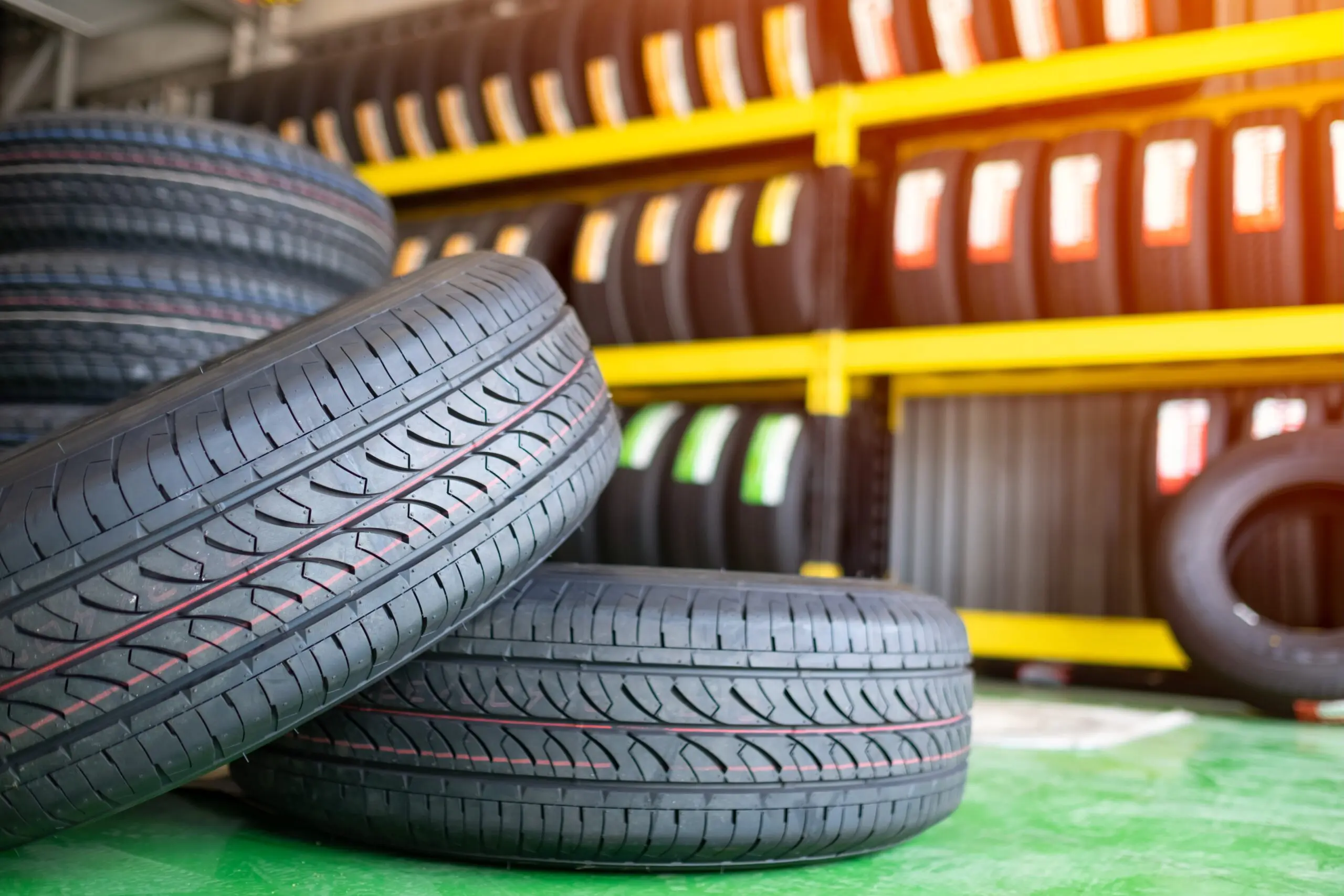 Stack of new tires in a Telle Tire garage.