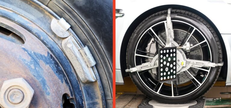 Close up of the weights inside of a wheel for balancing, split with an image of a mechanism testing the wheel's alignment.