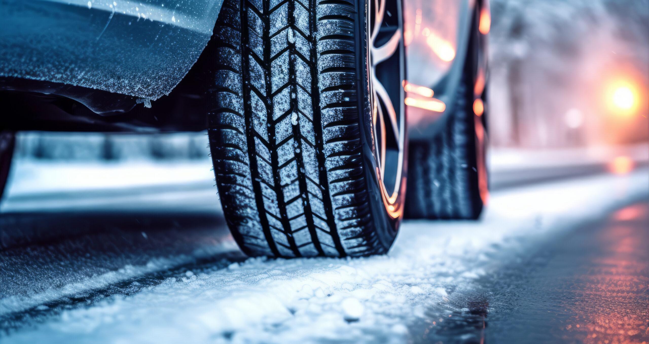 Close-up of car tire on snowy roads.