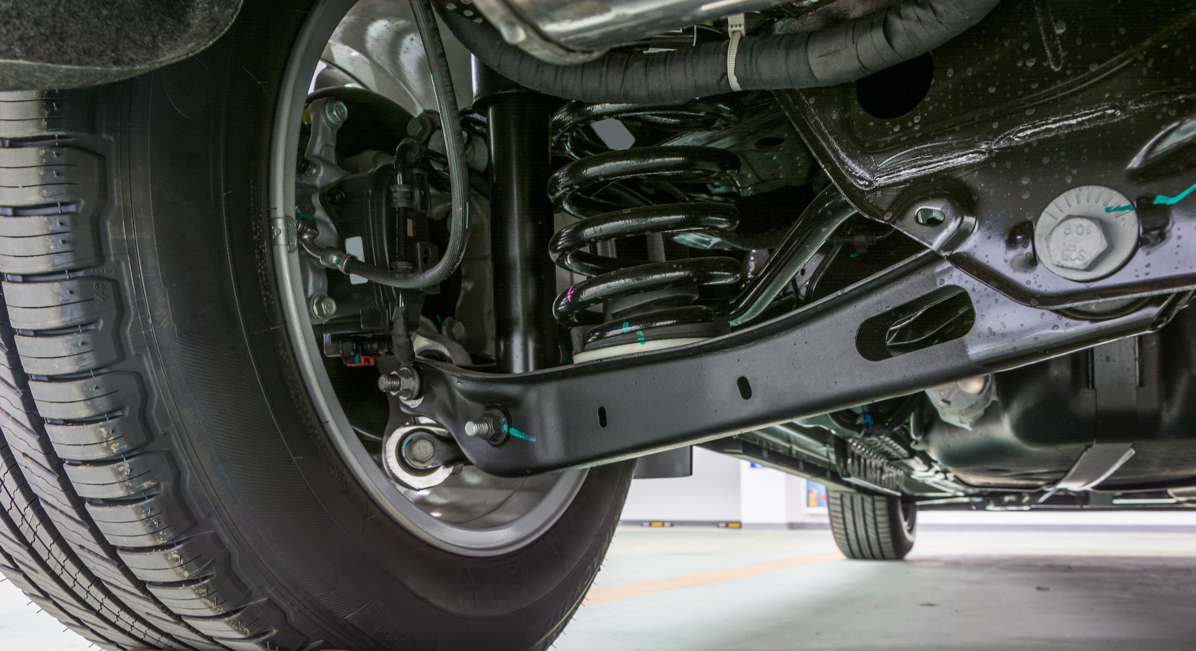 Suspension underneath a car.