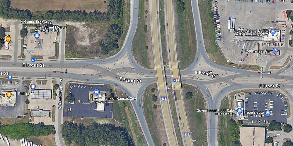 I-435 overpass with the Front Street criss-crossing underneath. 