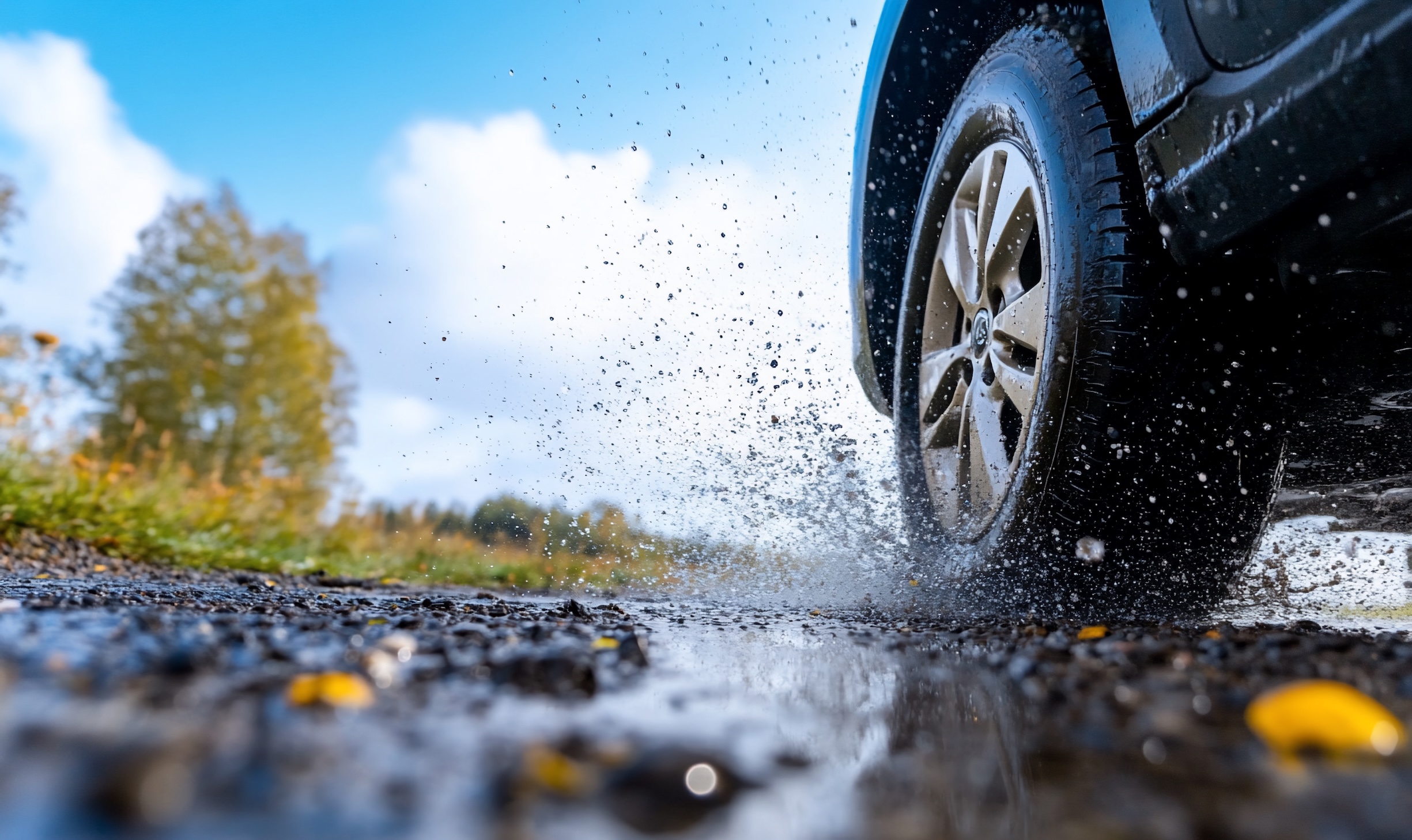 Car tire splashing water on a muddy road after a spring rain.
