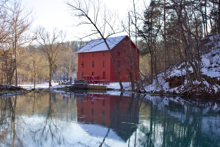The historic Alley Mill & Spring during winter, located along the Ozark National Scenic Riverway.