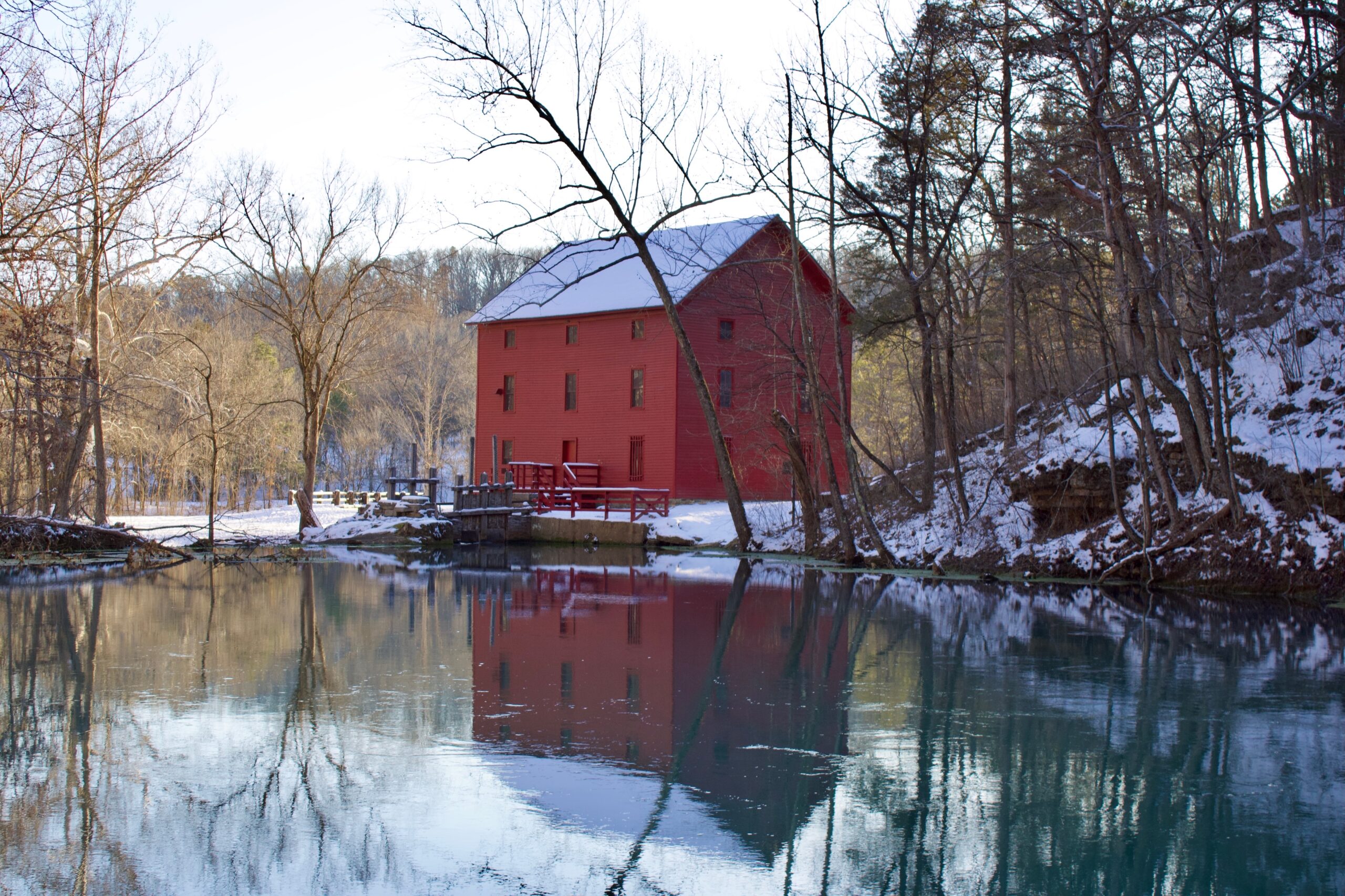The historic Alley Mill & Spring during winter, located along the Ozark National Scenic Riverway.