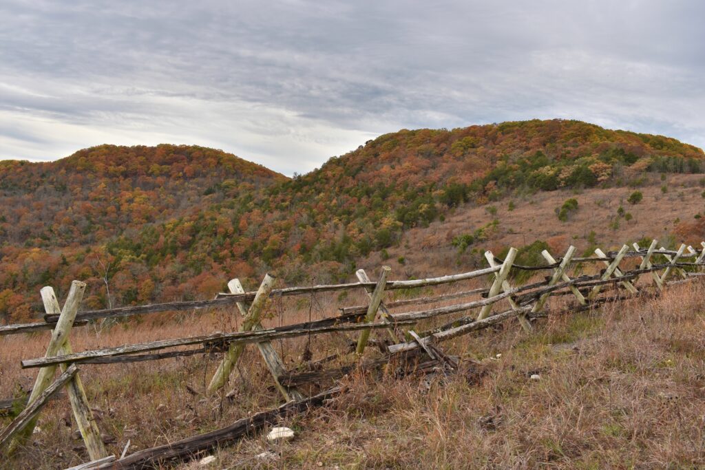glade top trail Missouri with split rail fence