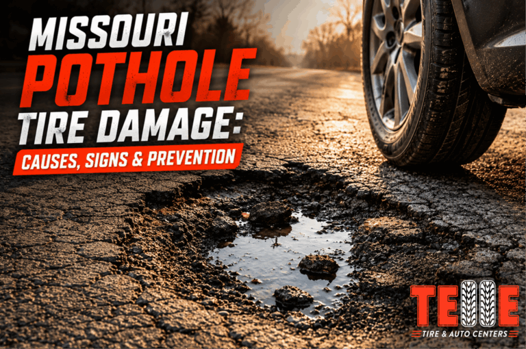 Technician inspecting Missouri pothole tire damage at Telle Tire & Auto Center