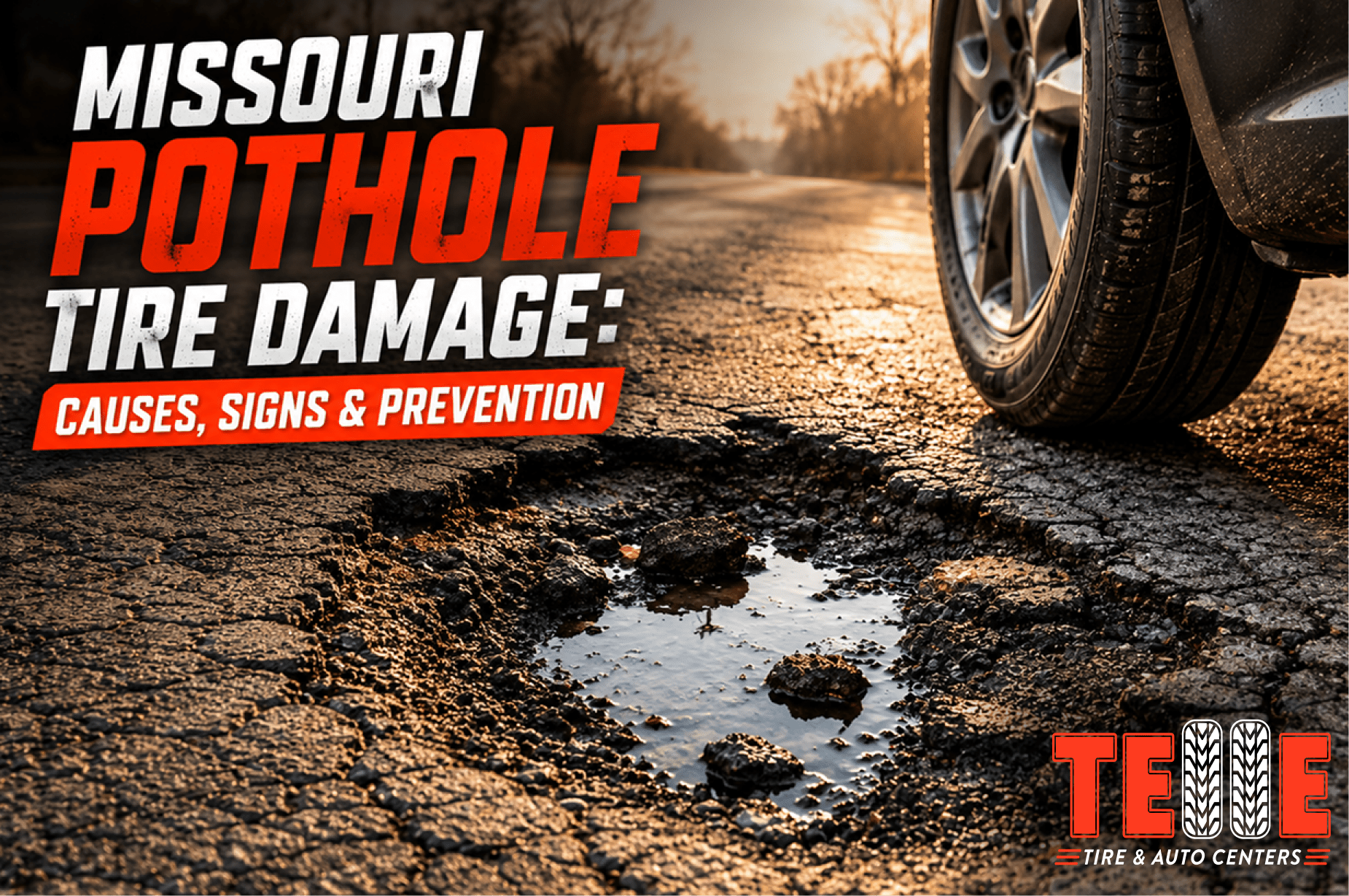 Technician inspecting Missouri pothole tire damage at Telle Tire & Auto Center