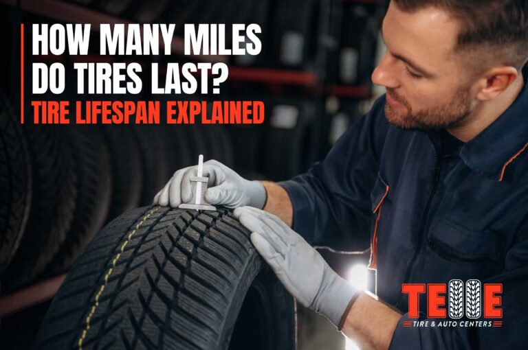 Technician measuring tire tread depth to determine how many miles do tires last.