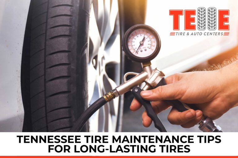 Tennessee driver checking tire pressure during routine tire maintenance inspection