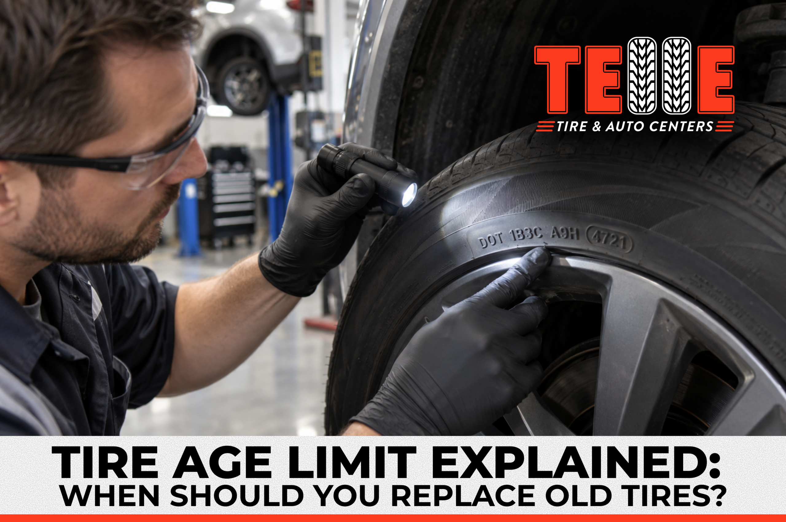 Mechanic checking tire age and DOT date code during a tire inspection