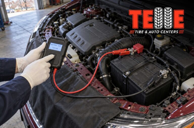 Technician testing a car battery before winter at an auto repair shop in Kansas City