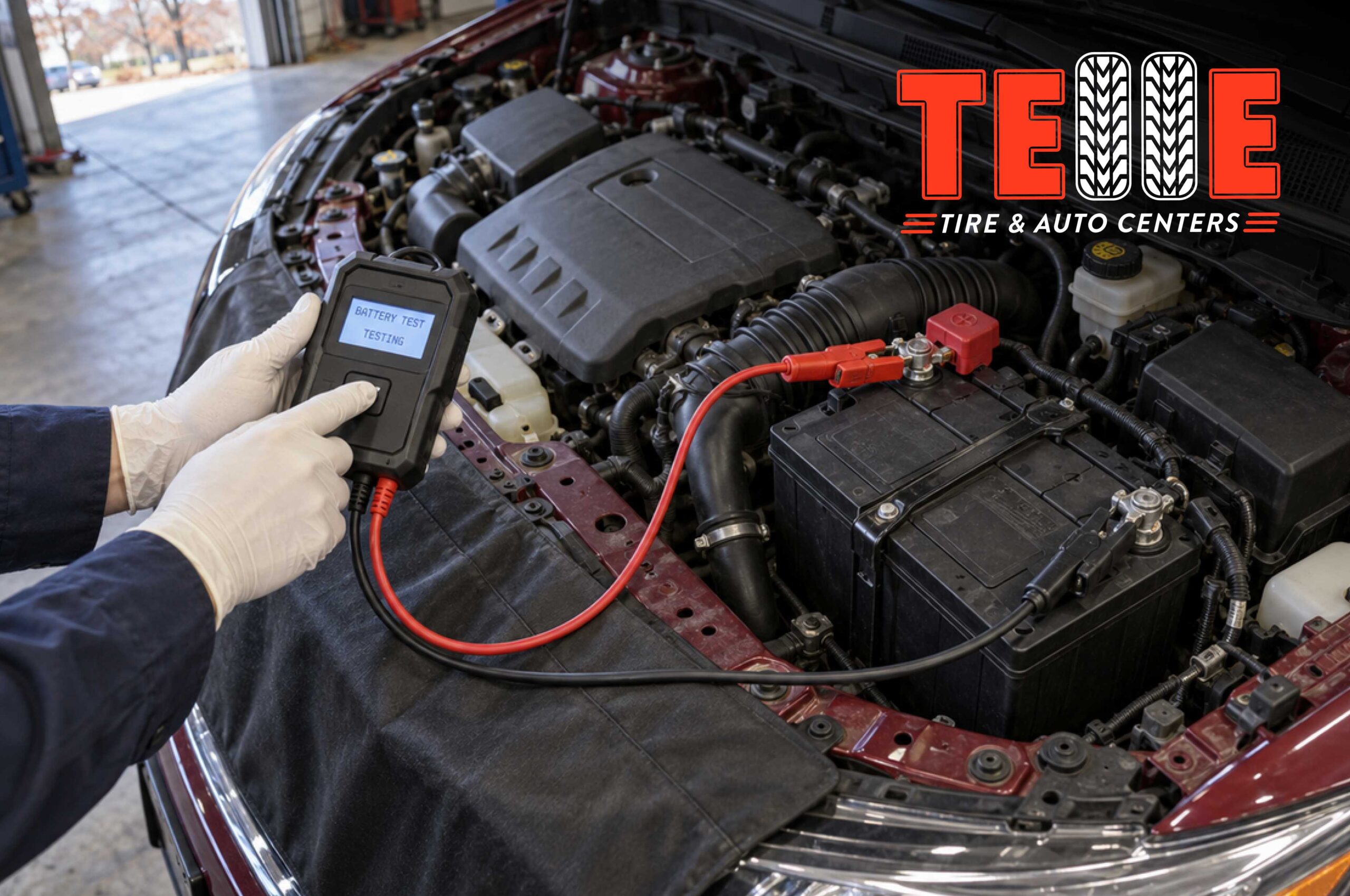 Technician testing a car battery before winter at an auto repair shop in Kansas City