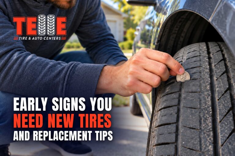Driver checking tire tread depth to identify signs of worn tires