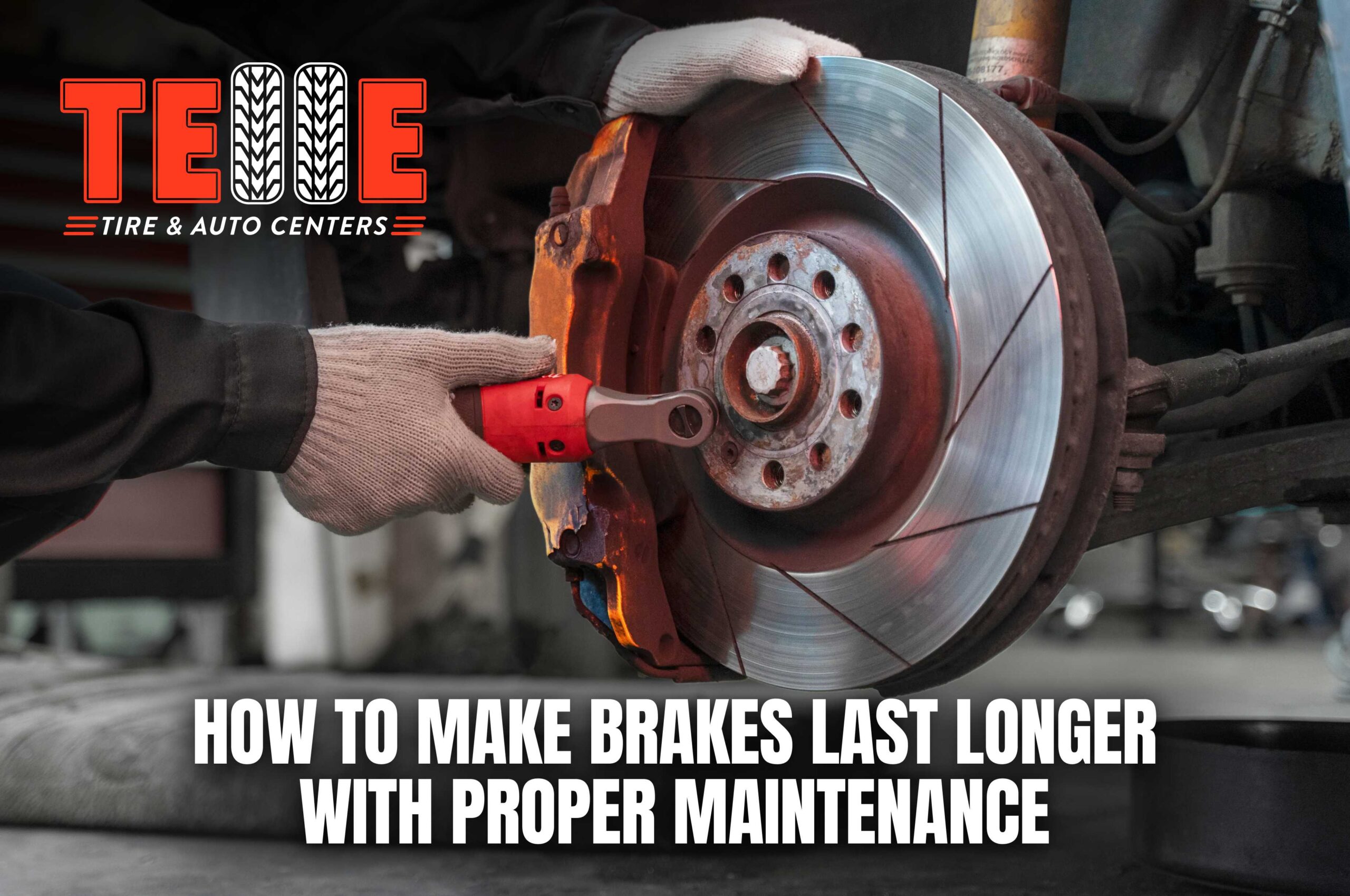 Mechanic inspecting brake pads and rotors during routine brake