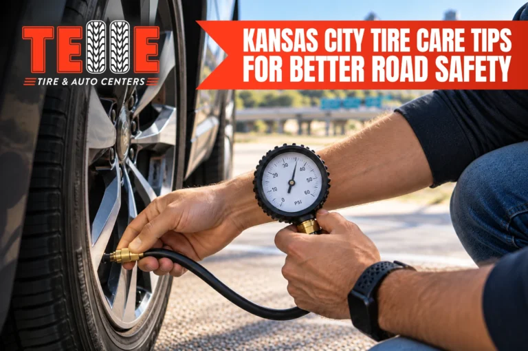 Kansas City driver checking tire pressure before a road trip
