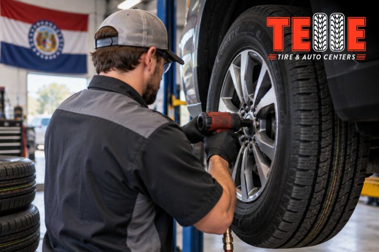 Tire technician installing new tires for a Missouri driver at a local auto shop
