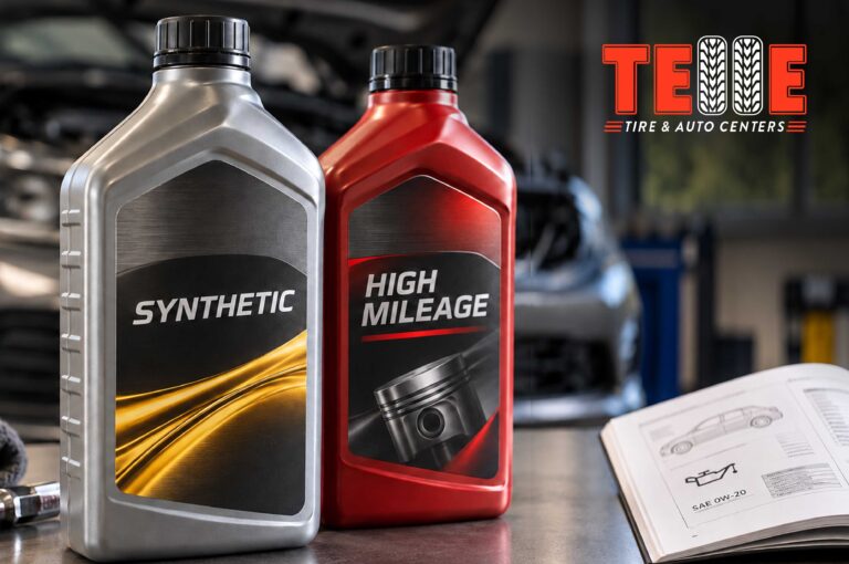 Synthetic and high-mileage engine oil bottles beside a vehicle owner's manual showing viscosity and manufacturer specifications