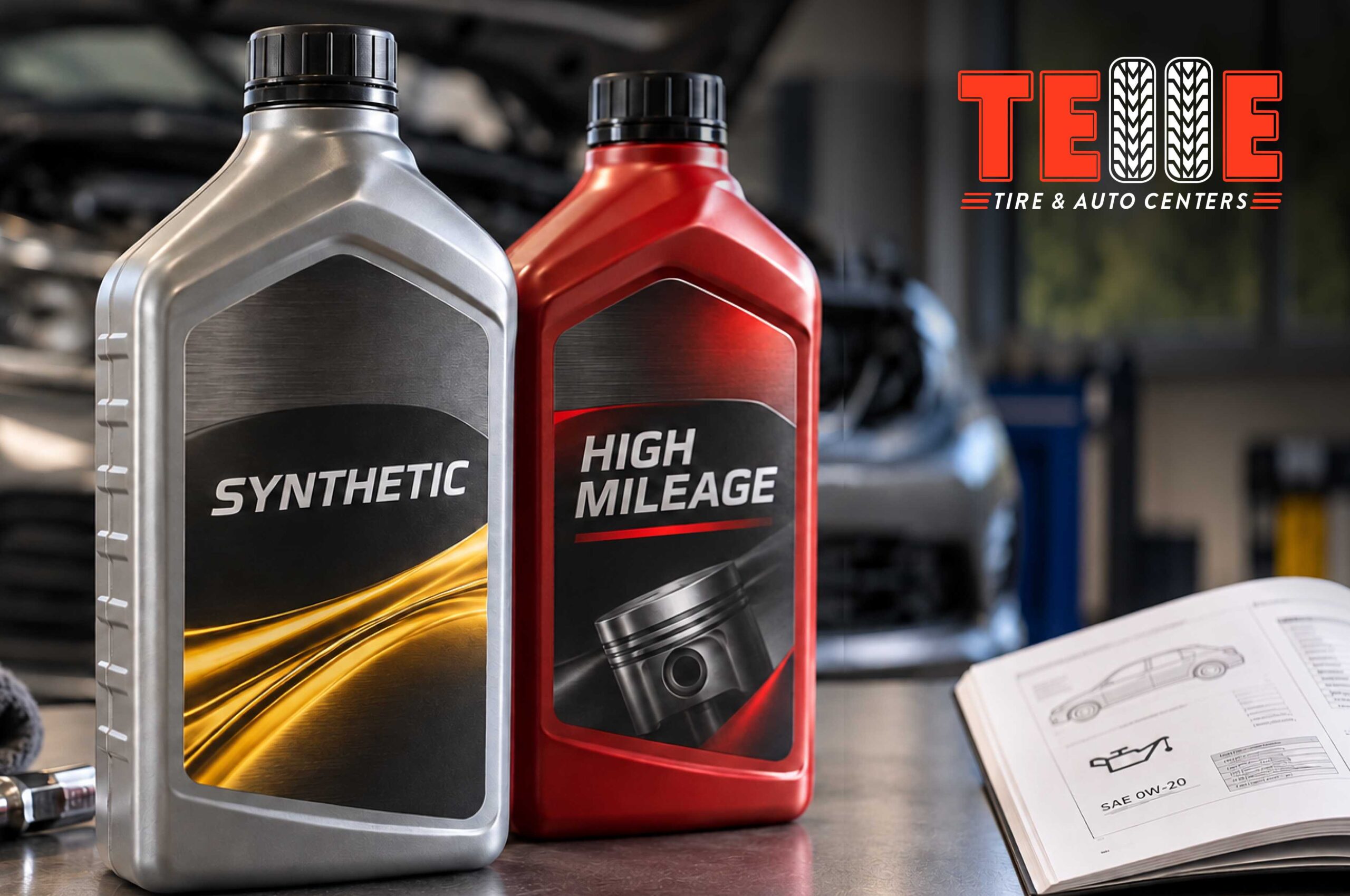Synthetic and high-mileage engine oil bottles beside a vehicle owner's manual showing viscosity and manufacturer specifications