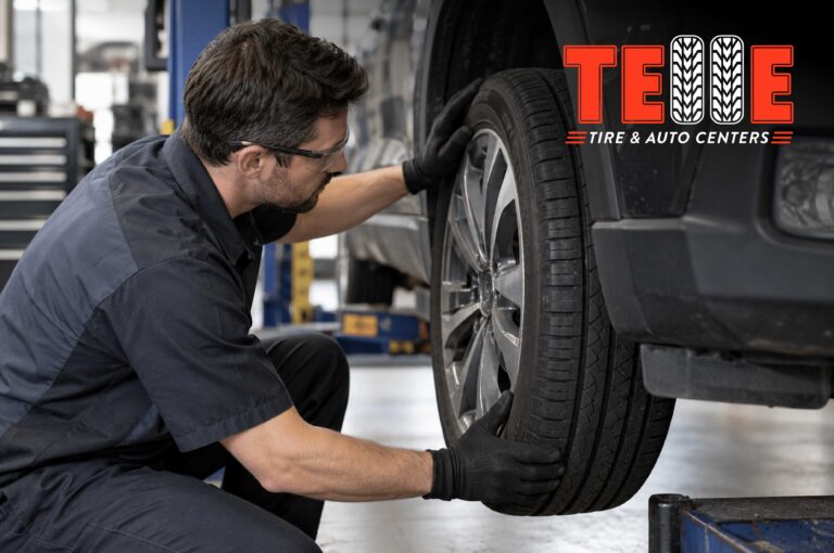 Technician inspecting a tire and wheel to diagnose steering wheel shaking on the highway.